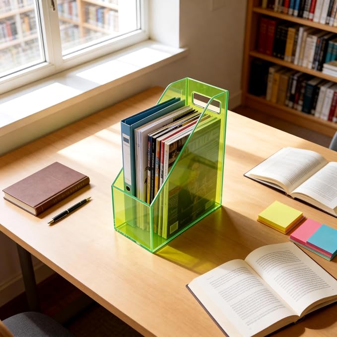 Acrylic Magazine Rack Desk File Holder Organizer for Office Desktop Vertical Magazine Storage Box, 12 x 10 x 5'', Neon Gren