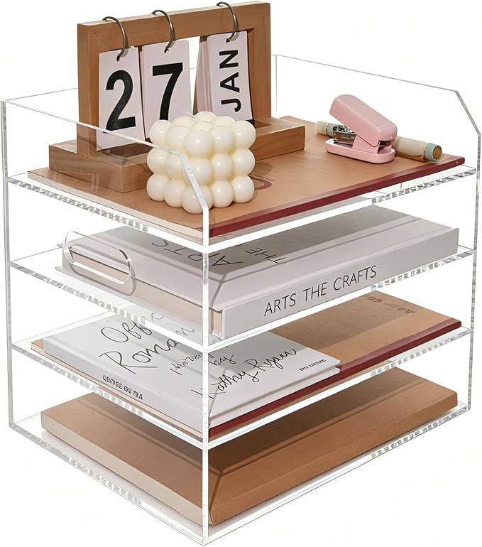 Paper Tray Organizer for Desk, 4 Tier Acrylic Desk Organizers and Accessories, One-Piece Integrated A4 Paper Organizer with Handles, Crystal-Clear Letter Tray & Office File Holder, Books Notes