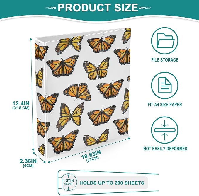Watercolor Monarch Butterfly Binder 3 Ring 1.5 Inch Binder with Clipboard&Pockets, Hardcover Binders Heavy Duty Large File Folder for Office School Supplies - Holds 200 Sheets,2 PC