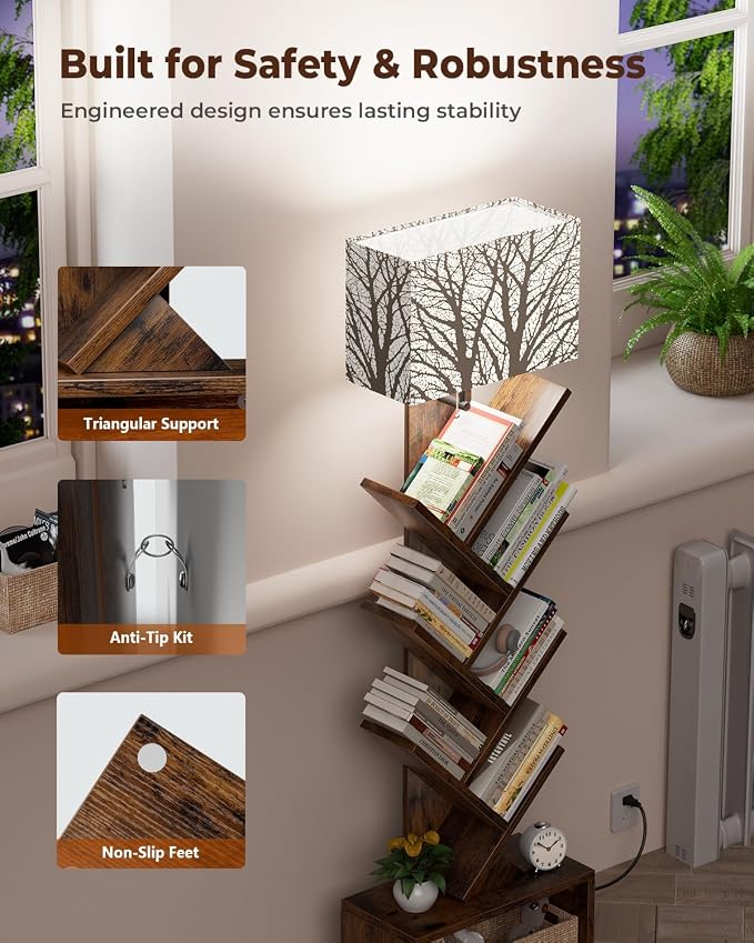 Evermagin 6 Tier Tree Bookshelf with Light, Bookcase, Branch Pattern | Rustic Brown Small Book Tower, Storage Cabinet for Book Organization, Floor Standing for Living Room, Bedroom & Home Office