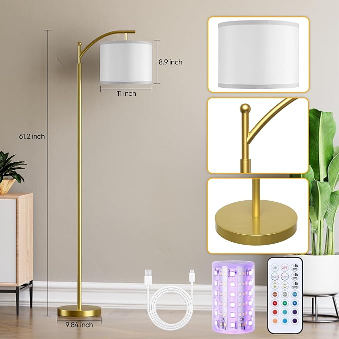 Battery Operated Floor Lamp, RGB Dimmable Cordless Standing Lamp with Remote Control for Living Room, Tall Floor Lamp for Bedroom -Gold