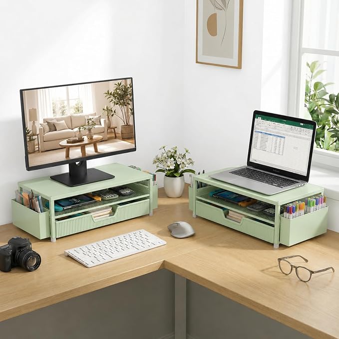 ECOLOVI Desk Organizer and Accessories, 2-Tier Computer Monitor Stand Rise with Storage Drawer & 2 Pen Holders, Laptop & Printer Stand for Desktop, Workspace Organizers for Office Supplies (Green)