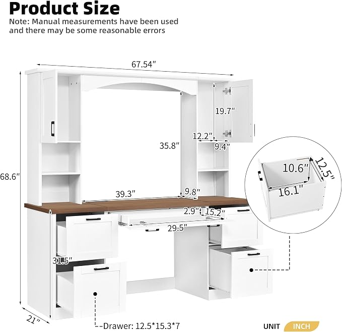Merax Farmhouse Arched 67" Computer Desk with Power Outlets & Keyboard Tray | Wood Executive Home Office Desk with Hutch, Writing Desk with Storage Drawers for Working Study, White