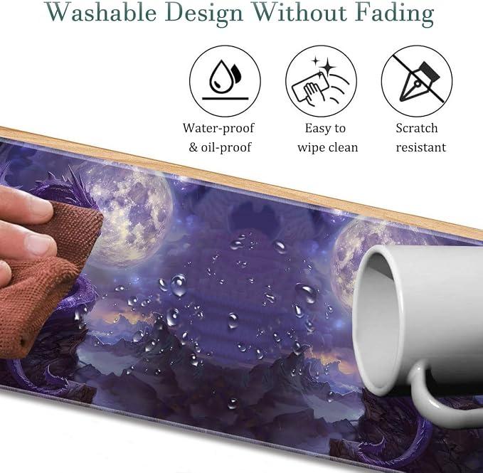 Extended Gaming Mouse Pad 31.5" x 11.8", with Edge Stitching, Non-Slip Rubber Base Keyboard Pad, Suitable for Work, Game, Office, Home and Coasters, Starry Purple Dragon