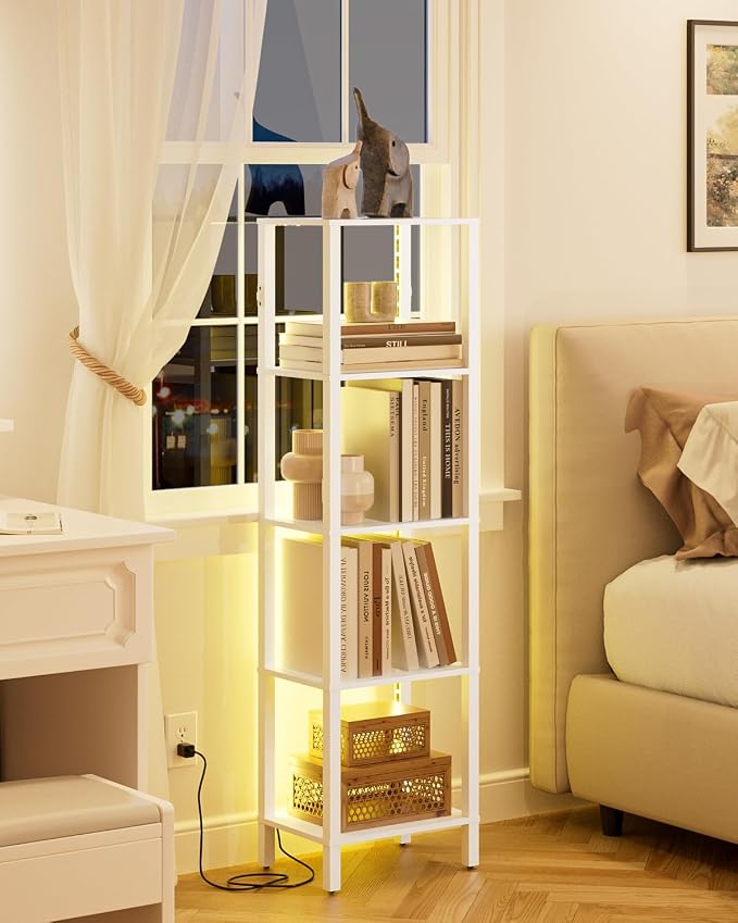 Open Book Shelf with LED Lights, 5 Tier Tall Bookshelf, Freestanding Shelf Narrow Bookcase with Open Shelves, 14.96" x 10.63" x 53.54", Book Shelves for Living Room, Office, Study, White
