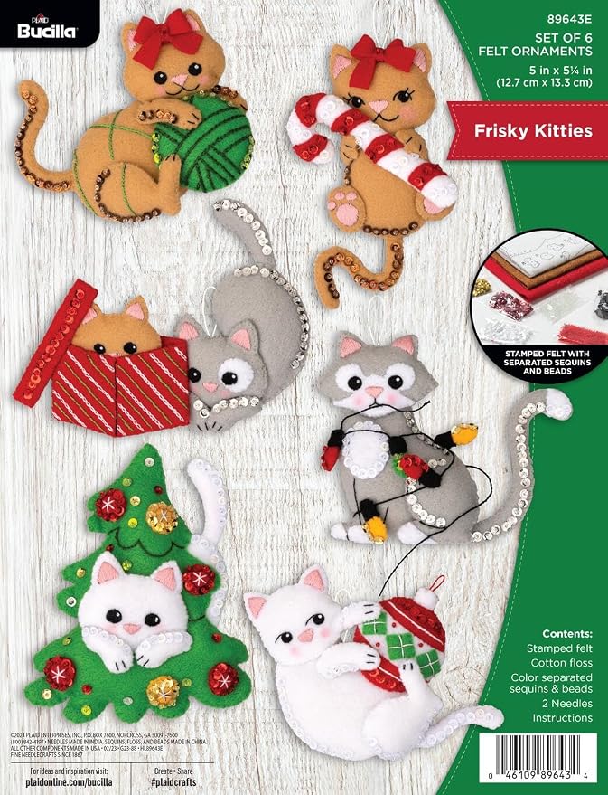Bucilla Felt Applique 6 Piece Ornament Making Kit, Frisky Kitties, Perfect for Holiday DIY Arts and Crafts, 89643E