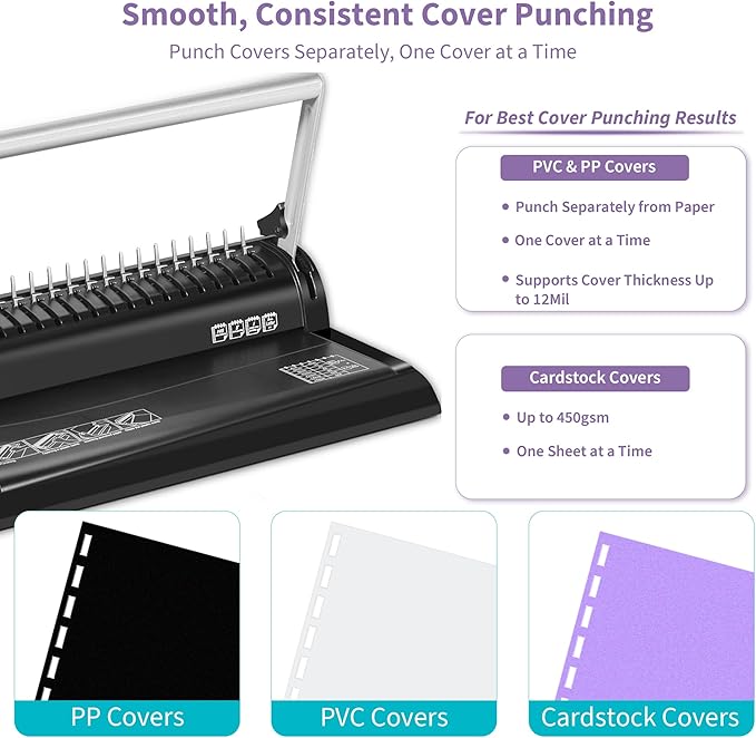 Binditek Binding Machine, 19Hole, 145 Sheets, for Letter Size, Fixed Margin | Comb Binding Machine, Punch 6-8 Sheet, 145 Sheets, Comb Binder Machines with 30 Pcs 1/2" Binding Combs, for Letter Size