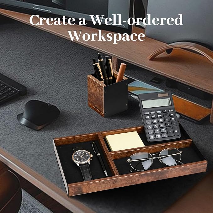 Desk Tray with Pen Holder Set | Desk Drawer Organizer for Home Office Decor | Farmhouse Wood & Metal Organizer Tray for Keys, Pen, Watch | Premium Gifts