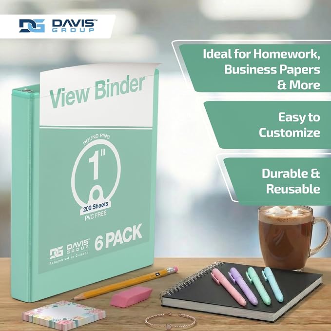 Pack of 6 Premium View Binders, Ring Binders with Clear-View Cover and Interior Pockets, Pastel Color Options, 1 Inch, Mint
