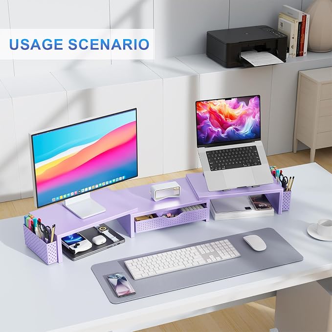 gianotter Dual Monitor Stand Riser With Drawer and 2 Pen Holders | Computer Monitor Stand Desk Organizer and Accessories Desk Shelf for Top of Desk (Purple)