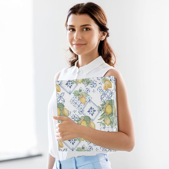 French Blue Tile Yellow Lemon Binder 3 Ring 1.5 Inch Binder with Clipboard&Pockets, Hardcover Binders Heavy Duty Large File Folder for Office School Supplies - Holds 200 Sheets