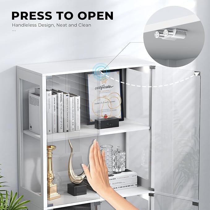 BROTTAR Display Cabinet with Glass Doors, 4-Tier Display Case, White | Curio Cabinet with 3 Color Lights for Collectibles, Storage Cabinets with Human Body Sensor