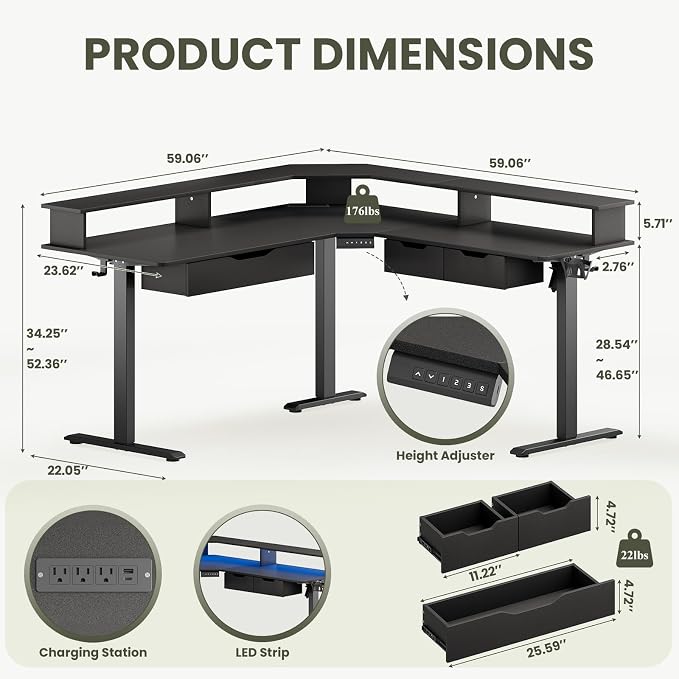 MALOL 59" L Shaped Electric Standing Desk with Drawers, Height Adjustable Desk with Power Outlets & LED Lights, Monitor Stand, Corner Computer Desk for Home Office, Black