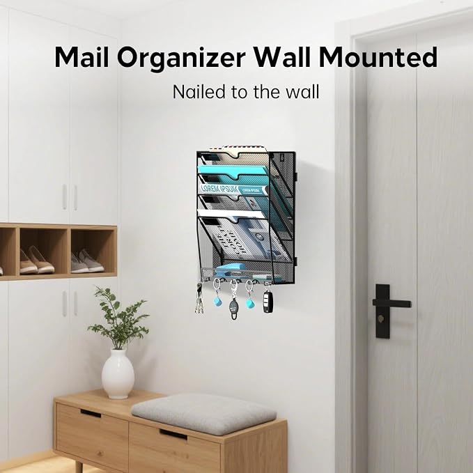 MHUD 5-Tier Wall File Organizer and Mail Organizer with 5 Hooks, 2 Pack | Label slots, curved openings, 5 key hooks, and a bottom tray support organized mail, file, and everyday item storage.