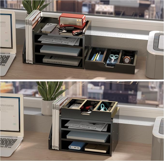 Multi-Tier Wood Desk File Organizer, 3 Tray Shelves & Adjustable Drawer - Space-Efficient Design for Efficient Office Setup, Reduces Desk Clutter (Black)