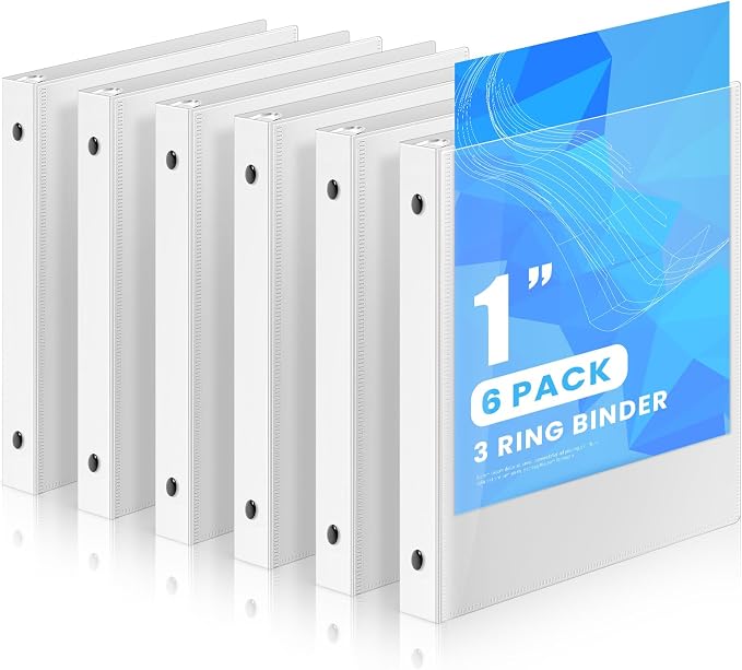 Henoyso 1 Inch 6 Pack Mini Clear View 3 Ring Binders for 5.5"x8.5",White | Holds 240 Sheets, Clear Front Covers, Flexible Plastic Binder Bulk, Three Round Rings, School Office Report Filing, Planners