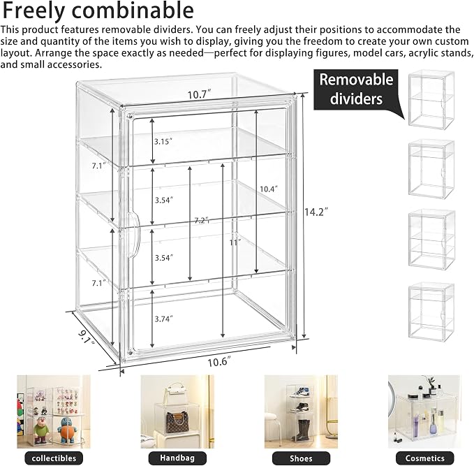 Clear Acrylic Display Case for Figures, 4 Layer Adjustable Acrylic Boxes for Display, Stackable Display Boxes for Collectibles, Action Figure Display Case for Shoe, Bread, Cosmetic, Handbag, 1 Pack