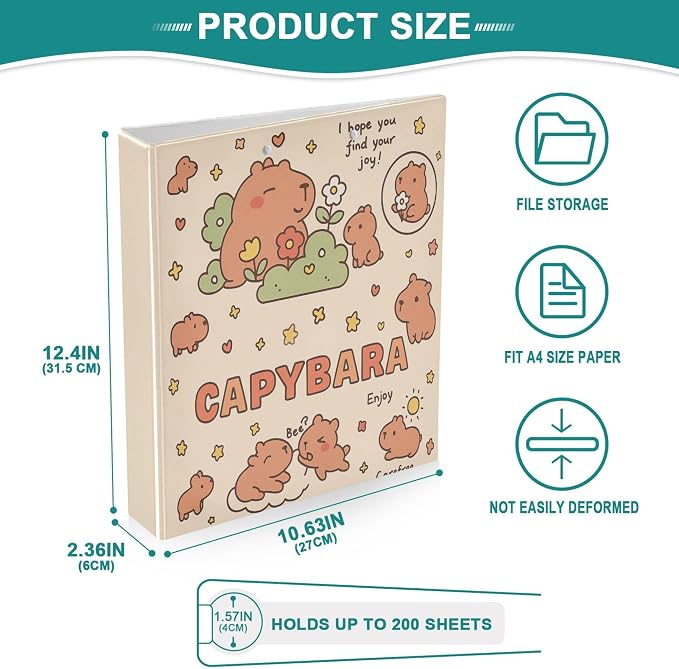 Capybara Round Ring Binders 1.5 Inch Cats Dogs Animals 3 Ring Clipboard Binder for Office School Work Supplies File Folder 200 Sheet Capacity Easy Open 2 Pieces