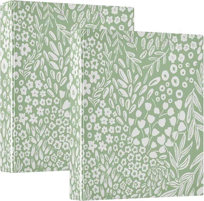 Sage Green Floral and Leafs Binder 3 Ring 1.5 Inch Binder with Clipboard&Pockets, Hardcover Binders Heavy Duty Large File Folder for Office School Supplies - Holds 200 Sheets,2 PC