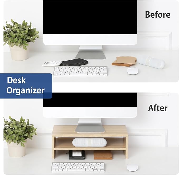 FITUEYES Wooden Monitor Stand Riser, 2-Tier Desk Storage Shelf, Oak | 16.7-Inch Desktop Organizer Fits Laptop, Computer Screen and Office Supplies