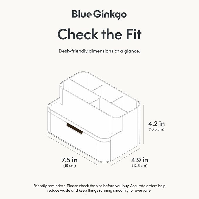 BLUE GINKGO Compact Desk Organizer, White, Made in Korea | 5 Compartments. Half Drawer. Space-Saving.