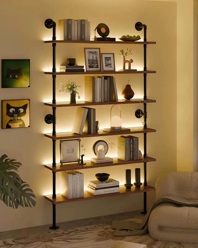 6-Tier LED Ladder Shelf, Wall Mounted Pipe Bookshelf, Walnut Brown 48 Inch | Solid pine 6-tier wall mounted pipe bookshelf with warm LED lights, 50 lb shelves, for books, plants and decor