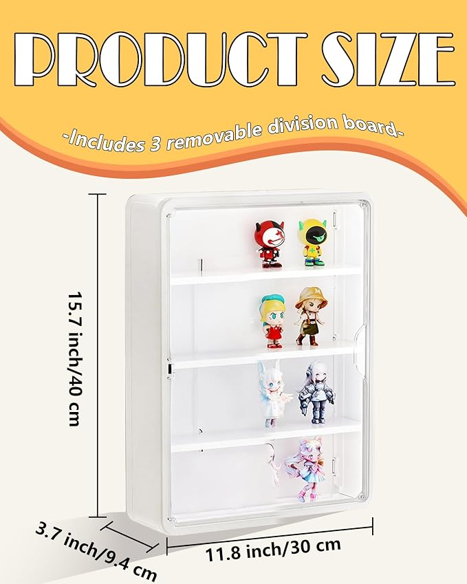 Wall Mounted Display Case for Figures, 15.75" High, Shadow Box with Shelves | Hanging Trinket Display Shelf for Collectibles Action Doll Blindboxes, 4-Layer White Shelf with Clear Magnetic Door 1 Pack