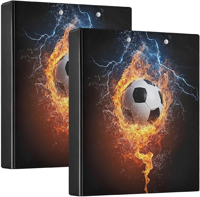Fire and Lighting Soccer Ball Binder 3 Ring 1.5 Inch Binder with Clipboard&Pockets, Football Hardcover Binders Heavy Duty Large File Folder for Office School Supplies - Holds 200 Sheets, 2 PC