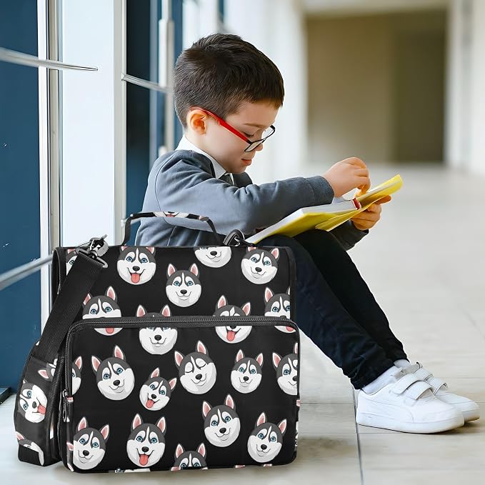 Cartoon Husky Dark Print Zipper Binder Bag 3 Ring with Shoulder Strap & Handle Multi Pocket Binder Organizer Bag Large Capacity for School Office Supplies