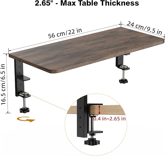 Desk Extender, 22-inch Clamp-On Desk Shelf, Height-Adjustable Desktop Shelf Organizer for Monitors Office and Gaming Accessories, Arm Support Table Extension, 44lbs Heavy Duty, Dark Brown