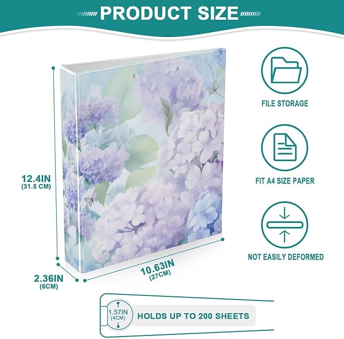3 Ring Binder Purple Hydrangea Flower Butterfly 1.5 inch Binders Three Ring Binders with Clipboard Fit 8.5'' x 11'' Paper 3 Interior PVC Clear Pockets for Office Supplies
