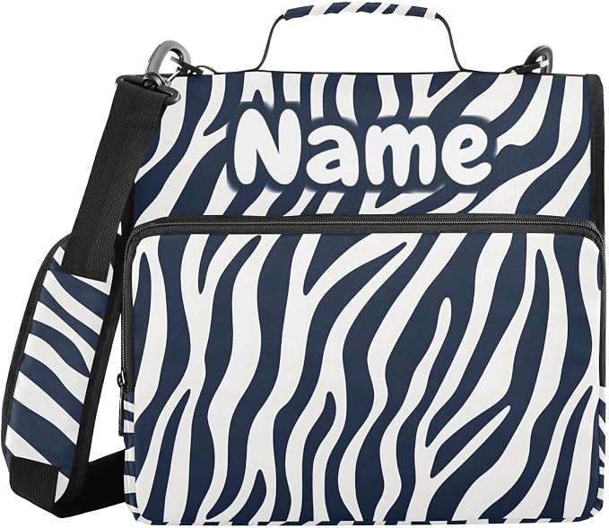 Custom Blue White Zebra Print 3 Ring Binder Bag 1.5 inch Personalized Name Binder Organizer 500 Sheet Documents Storage for School Office