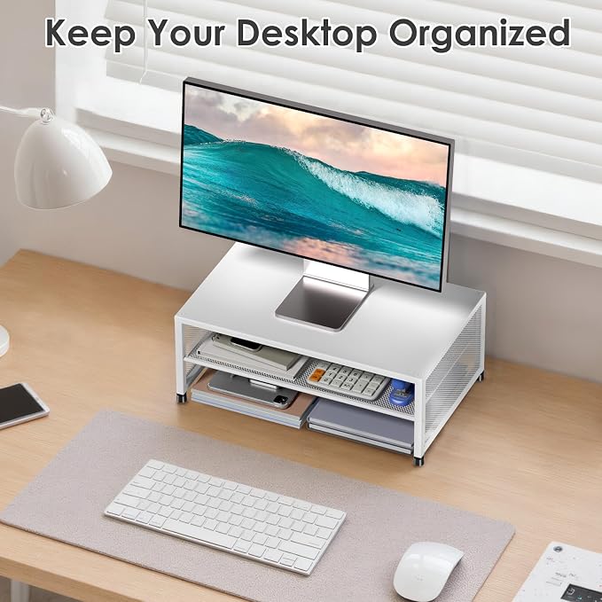 ECOLOVI 2-Tier Computer Monitor Stand Riser, Printer & Laptop Stand, Office Desk Accessories, Workspace Desk Organizer for Home Office Supplies, White