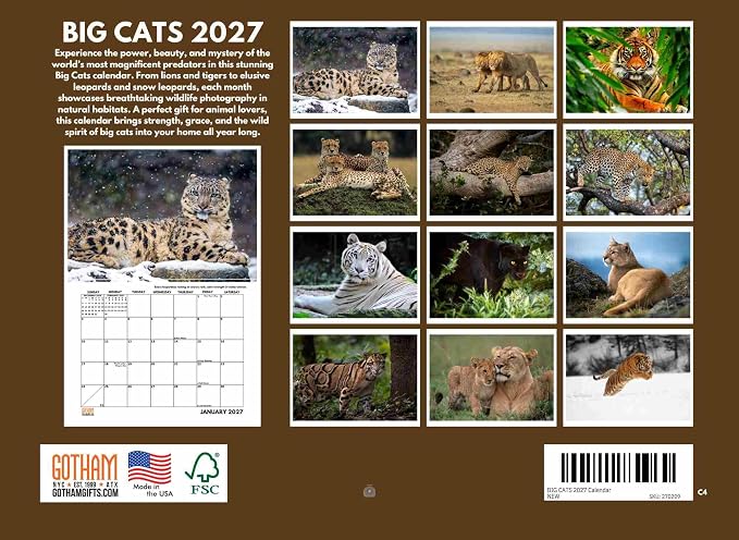 Wild Big Cats Calendar 2027 Wildlife Monthly Wall Calender 12 Month