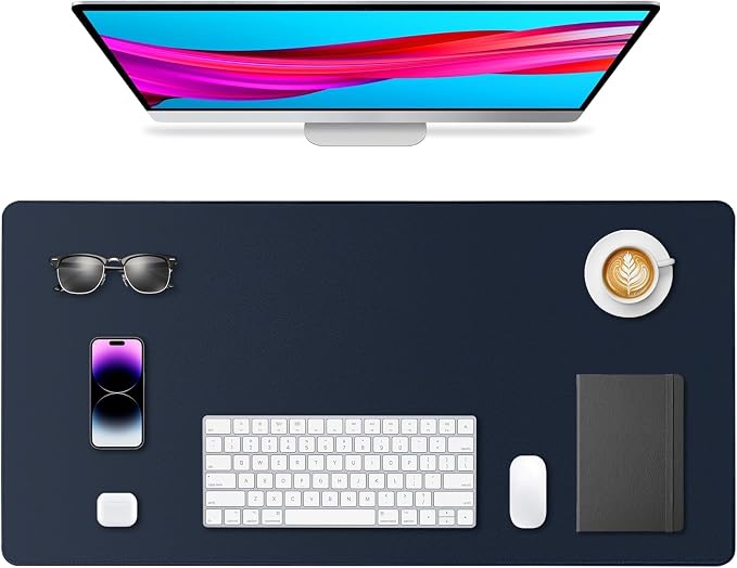 Leather Desk Pad Protector, Office Desk Mat, Large Mouse Pad, Non-Slip PU Leather Desk Blotter, Waterproof Computer Desk Writing Pad for Office and Home (Dark Blue, 31.5" x 15.7")