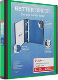Staples Better View 1-Inch D-Ring Binder, Green, Clear Overlay | Durable 3-ring binder for school and office document organization.