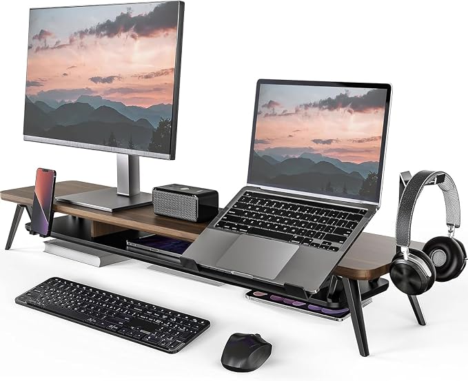Fenge 42.5-Inch Monitor Stand Riser with Laptop, Phone & Headphone Holders | 10° Adjustable Laptop Holder, 2-Tier Storage, Dual Monitor or Monitor-Laptop Setup, Ideal for Multitasking, Gaming, Streaming
