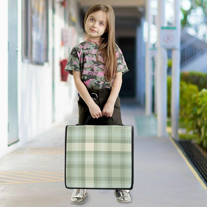 Aslsiy Zipper Binder Sage Green Plaid 1.5 inch 3-Ring Binder Organizer Checked Trapper Keeper with Shoulder Strap for School Office Supplies