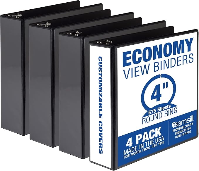 Samsill 4 Inch 3 Ring Binders, Economy Round Ring, Clear View Cover, 675 Sheet Capacity - for School, Home, Office - Black, 4 Pack