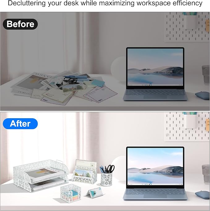 EasyPAG Desk Organizers and Accessories 5 Pieces Office Supplies Set - 2 Tier Paper Tray, Pencil Organizer for Desk, Mail Sorter Countertop, Business Card Holder and Sticky Note Holder, White