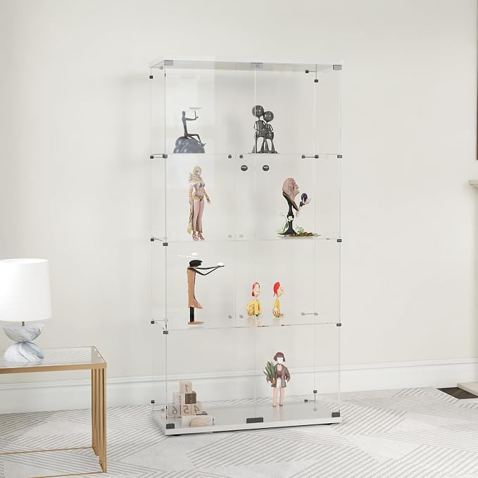 Frameless Glass Display Cabinet, Curio Cabinet Display Case with Lock and 2 Doors, Quick-Install Floor Standing Large Showcase Display Shelf for Collectibles, Legos, Figures, Plants