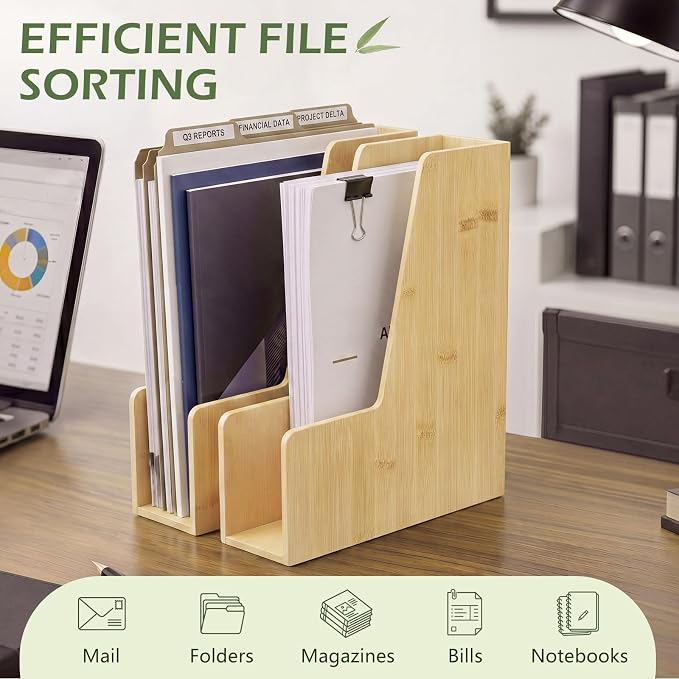 Novabright 2 Pack Bamboo Vertical Magazine File Holder, Desk Holder ＆ Storage Bins Holding for Magazines, Binders, Notebooks, Envelopes, Folders, Multi-purpose Wood Document Organizer for Home Office