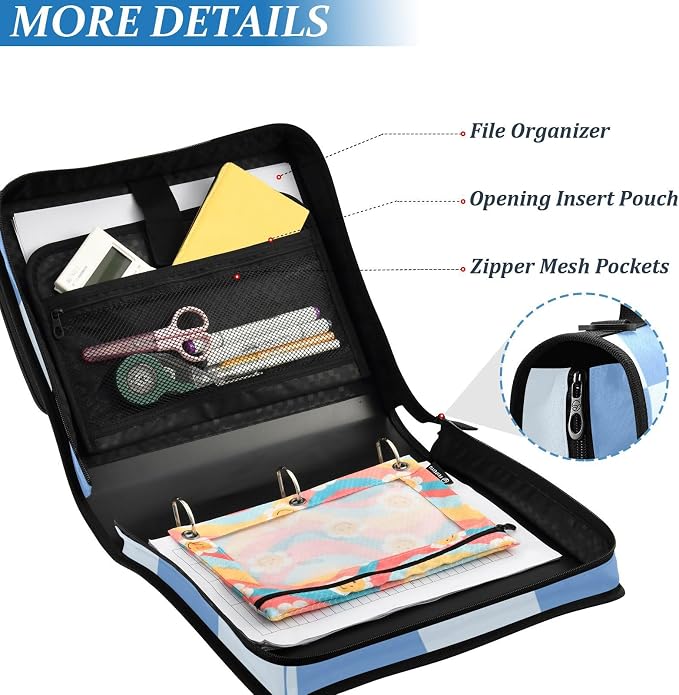 3 Ring Zipper Binder with Shoulder Strap Blue Checkered White Buffalo Plaid 1.5 inch Binders Keeper Large Capacity Multi Pockets for School Office Supplies