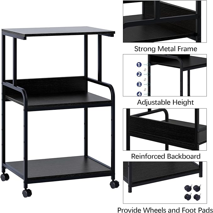 Arbuxzuy Printer Stand with Storage Shelf,3 Tier Printer Cart with Wheels,Mobile Printer Table for Home Office,Stands for Heat Press Scanner Fax,Industrial Style (Black)