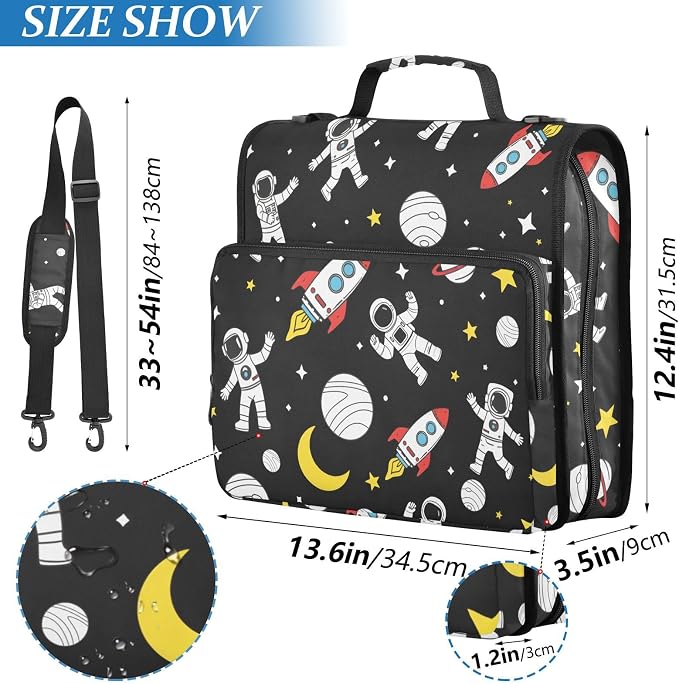 Astronaut Rocket Planet Stars 3 Ring Binder Bag 1.5 inch Binder Organizer with Zipper Shoulder Strap 500 Sheet Documents Storage for School Office