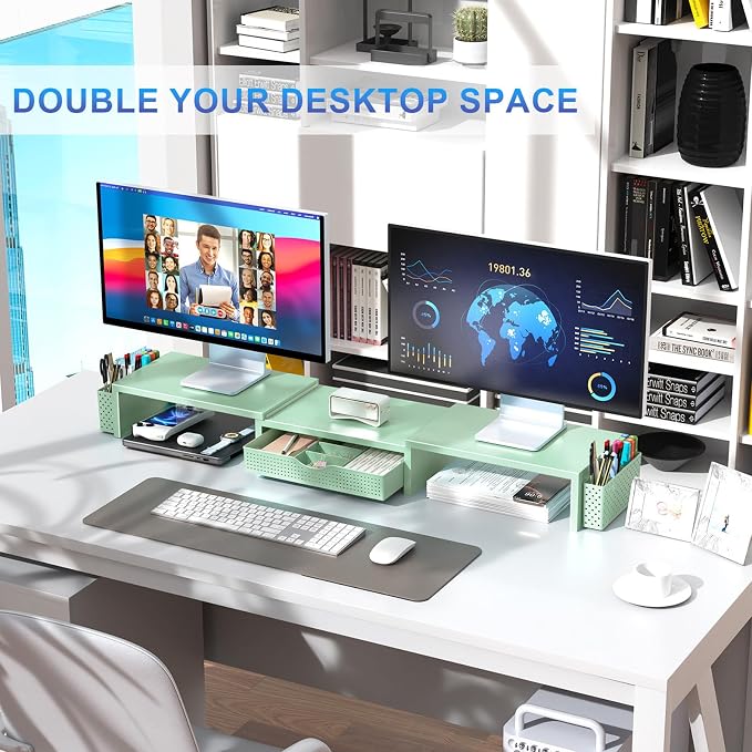 gianotter Dual Monitor Stand Riser With Drawer and 2 Pen Holders | Desk Organizer and Accessories Computer Monitor Stand, Desk Shelf for Top of Desk (Sage Green)
