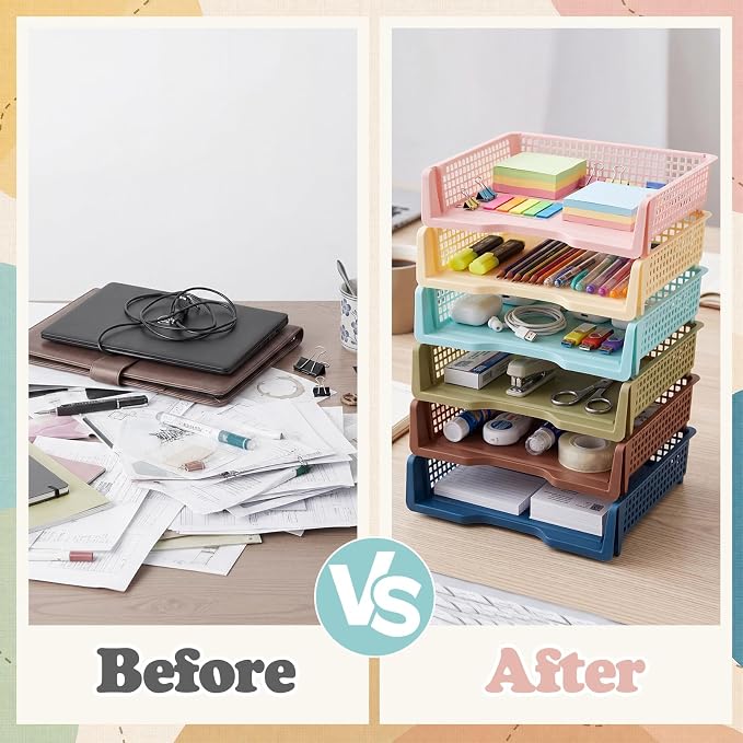 Weysat 12 Pcs Turn in Trays Classroom, Stackable Paper Tray for Classroom Organization Plastic Desk File Organizer Bin Basket for Library Drawer Teacher Office Document Storage (Morandi Tones,Wide)