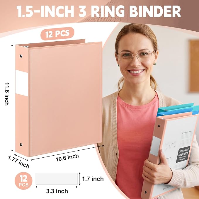 Henoyso 1.5 Inch 3 Ring Binders with Clear Front Cover and 2 Pockets, Round Ring Binders Fits 8.5'' x 11'' Letter Size Paper for School Office Supplies, 12 Pack (Assorted Vibrant Color)