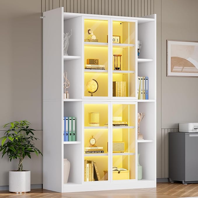 SEDETA 71" Tall 6-Tier Display Cabinet with Doors and Adjustable Shelves | Display Cases for Collectibles,Curio Cabinet with LED Lights & Acrylic Glass Doors for Bedroom Living Room Office,White