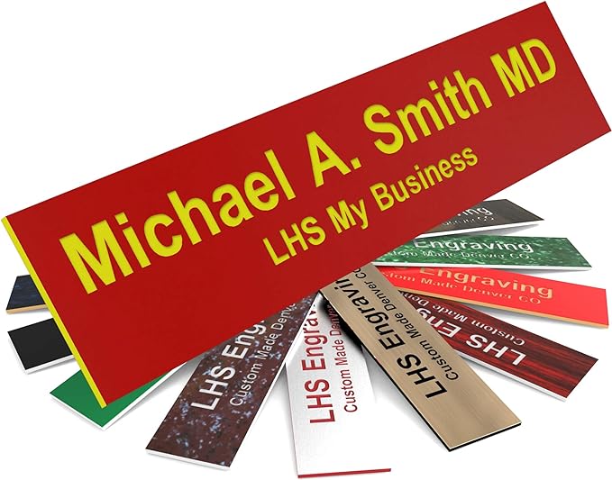 Door Name Plate Personalized for Office Red Plastic Name Plate with Yellow Letters - Made in USA 2x10 B22